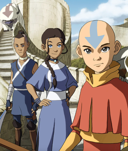 Aang, Katara, and Sokka standing together in an image from Avatar: The Last Airbender